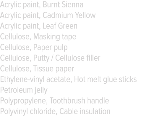 Acrylic paint, Burnt Sienna Acrylic paint, Cadmium Yellow Acrylic paint, Leaf Green Cellulose, Masking tape Cellulose   