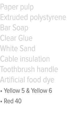 Paper pulp Extruded polystyrene Bar Soap Clear Glue White Sand Cable insulation Toothbrush handle Artificial food dye   