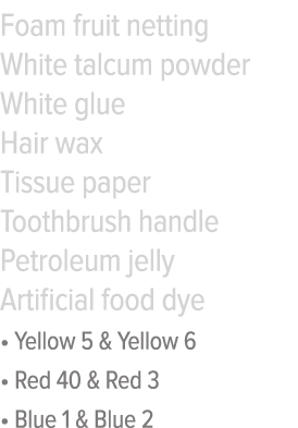 Foam fruit netting White talcum powder White glue Hair wax Tissue paper Toothbrush handle Petroleum jelly Artificial    