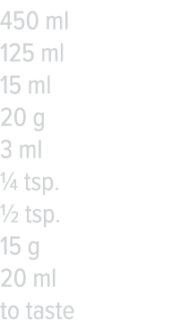450 ml 125 ml 15 ml 20 g 3 ml   tsp    tsp  15 g 20 ml to taste