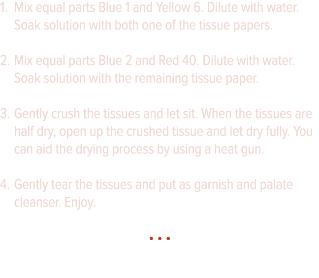 Mix equal parts Blue 1 and Yellow 6  Dilute with water  Soak solution with both one of the tissue papers  Mix equal p   