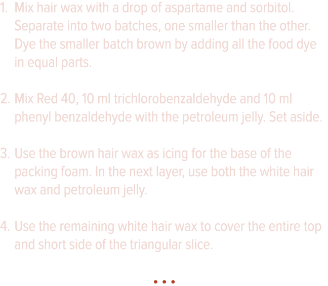 Mix hair wax with a drop of aspartame and sorbitol  Separate into two batches, one smaller than the other  Dye the sm   