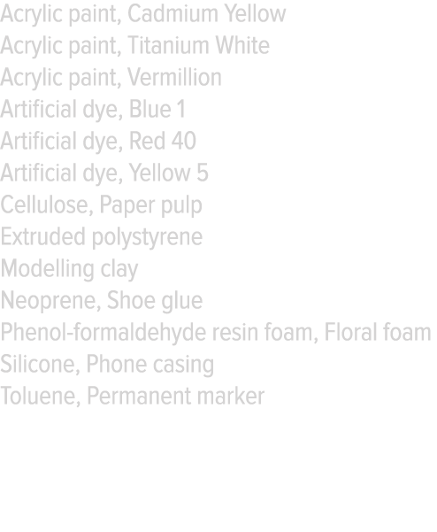 Acrylic paint, Cadmium Yellow Acrylic paint, Titanium White Acrylic paint, Vermillion Artificial dye, Blue 1 Artifici   