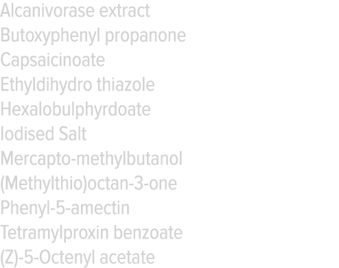 Alcanivorase extract Butoxyphenyl propanone Capsaicinoate Ethyldihydro thiazole Hexalobulphyrdoate Iodised Salt Merca   