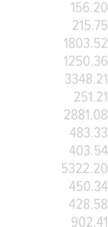 156 20 215 75 1803 52 1250 36 3348 21 251 21 2881 08 483 33 403 54 5322 20 450 34 428 58 902 41