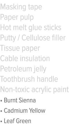 Masking tape Paper pulp Hot melt glue sticks Putty   Cellulose filler Tissue paper Cable insulation Petroleum jelly T   