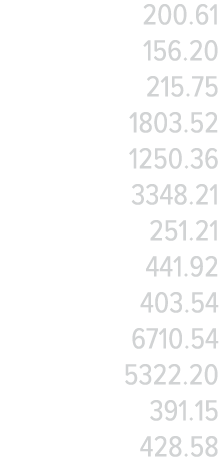 200 61 156 20 215 75 1803 52 1250 36 3348 21 251 21 441 92 403 54 6710 54 5322 20 391 15 428 58