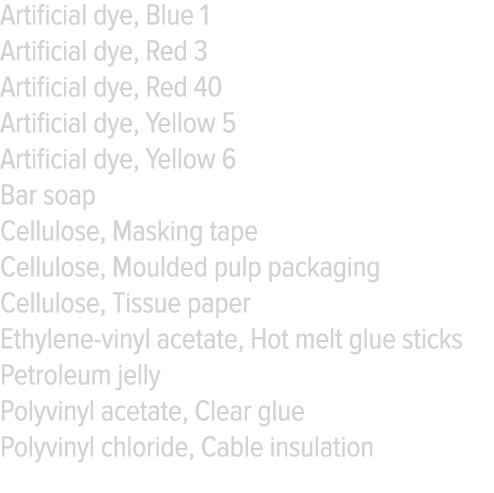 Artificial dye, Blue 1 Artificial dye, Red 3 Artificial dye, Red 40 Artificial dye, Yellow 5 Artificial dye, Yellow 6   