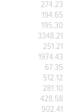 274 23 194 65 195 30 3348 21 251 21 1974 43 67 35 512 12 281 10 428 58 902 41